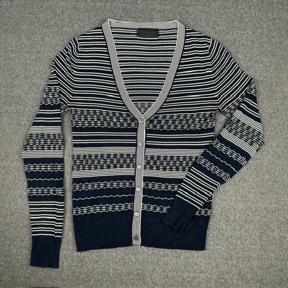 Derek Lam Cashmere Silk Striped Cardigan Navy White V-Neck Sweater Small